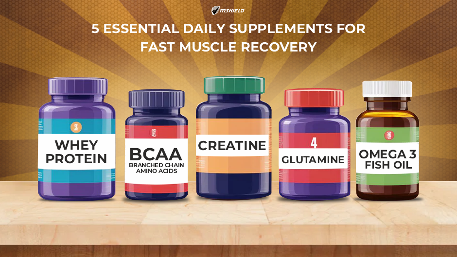 A selection of daily supplements for muscle recovery, including protein powder, BCAAs, creatine, omega-3 fish oil capsules, and glutamine powder.