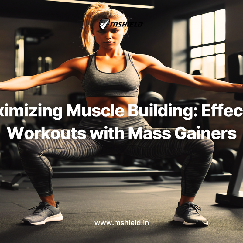 Fitness enthusiast lifting weights with MShield™ Mass Gainer in background for muscle growth.