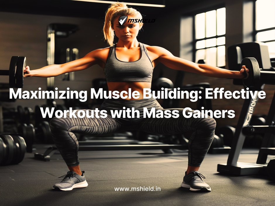 Fitness enthusiast lifting weights with MShield™ Mass Gainer in background for muscle growth.