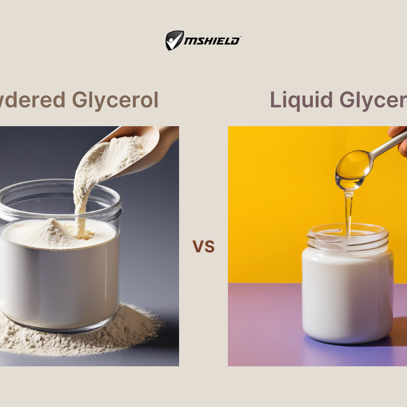 Comparison chart showing stability, shelf life, convenience, dosage accuracy, mixing, and purity of powdered vs. liquid glycerol for athletes.