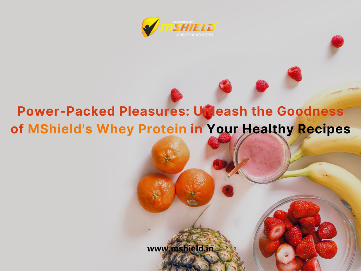Diverse fruits, a scoop of MShield's Whey Protein, and a gym dumbbell - an enticing preview of fitness-boosting recipes.