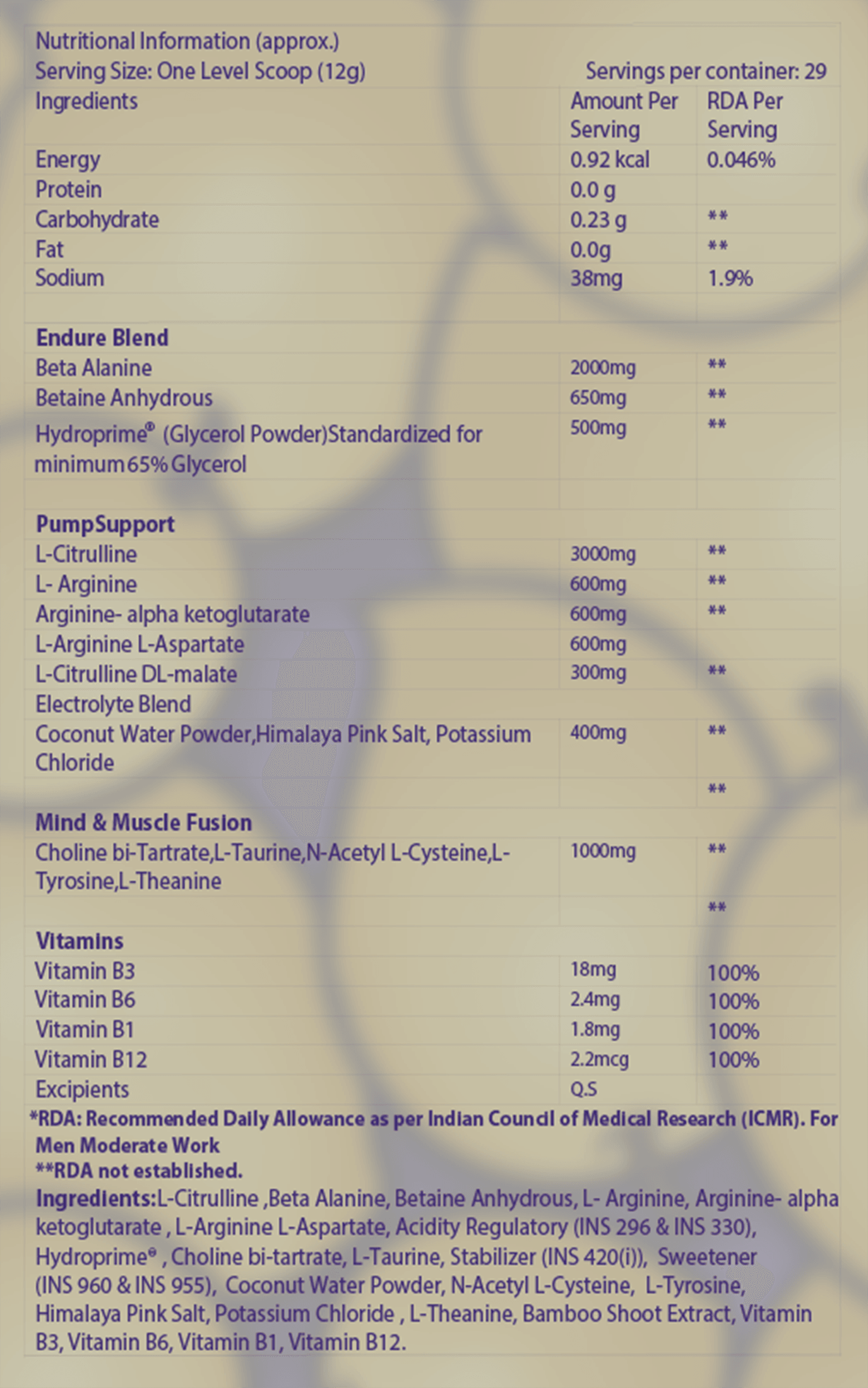 MShield™ | Non-Stim Pre-workout Nutritional Information